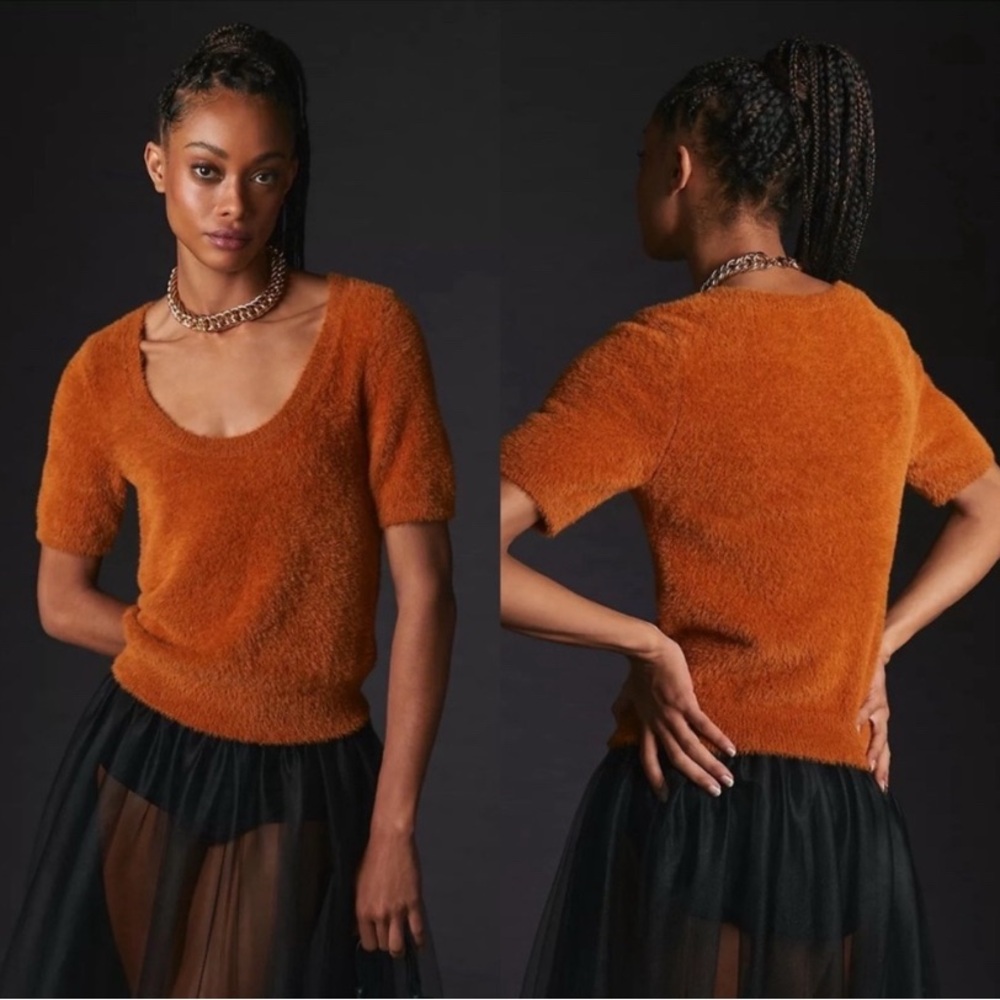 Anthropologie Maeve Orange Fuzzy Short Sleeve Sweater